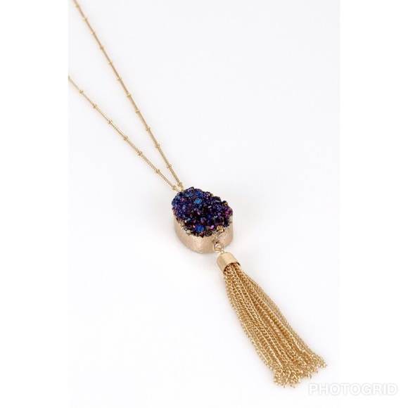Druzy stone pendant necklace gold chain tassel - Picture 6 of 8